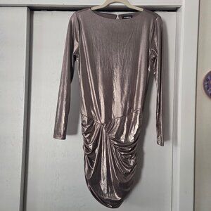 Express S Gold Metallic Ruched Mini Dress Long Sleeves Keyhole Back Stretch